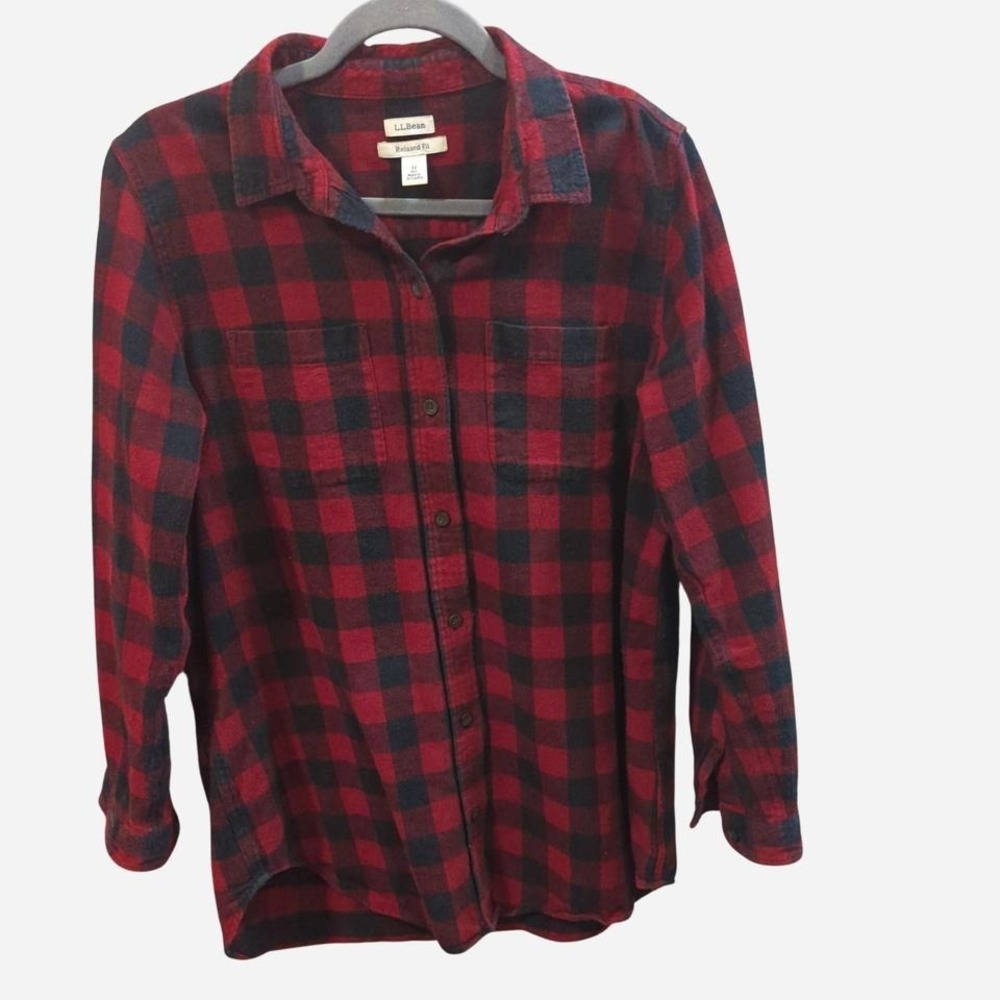 L.L.Bean mens M buffalo plaid‎ flannel shirt button up long sleeve red & black